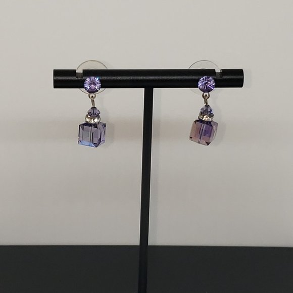 Purple & Clear Cube Dangle/Drop Stud Earrings - Picture 9 of 12